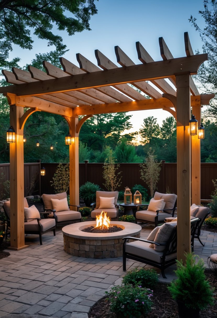 Outdoor seating area with a wooden pergola surrounding a fire pit and comfortable lounge chairs arranged around it.