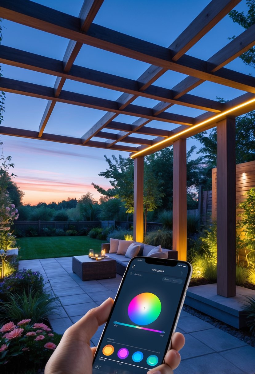 An outdoor pergola with smart lighting controlled by a smartphone app, surrounded by plants and outdoor furniture in a garden setting at dusk.