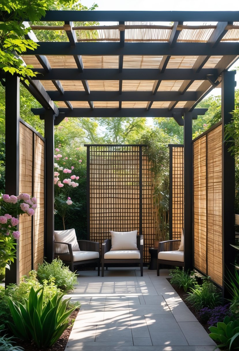 An outdoor pergola with bamboo and lattice privacy screens surrounded by green plants and garden landscaping.