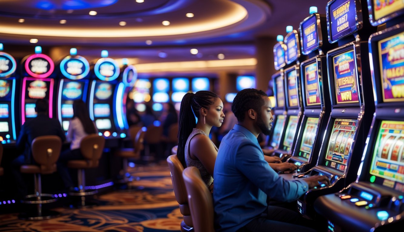 Suasana kasino modern dengan beberapa mesin slot yang menyala dan pemain yang sedang bermain.