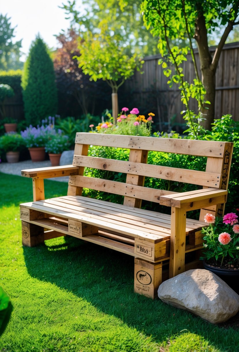 A wooden garden bench made from pallet wood sits in a green backyard surrounded by plants and flowers.