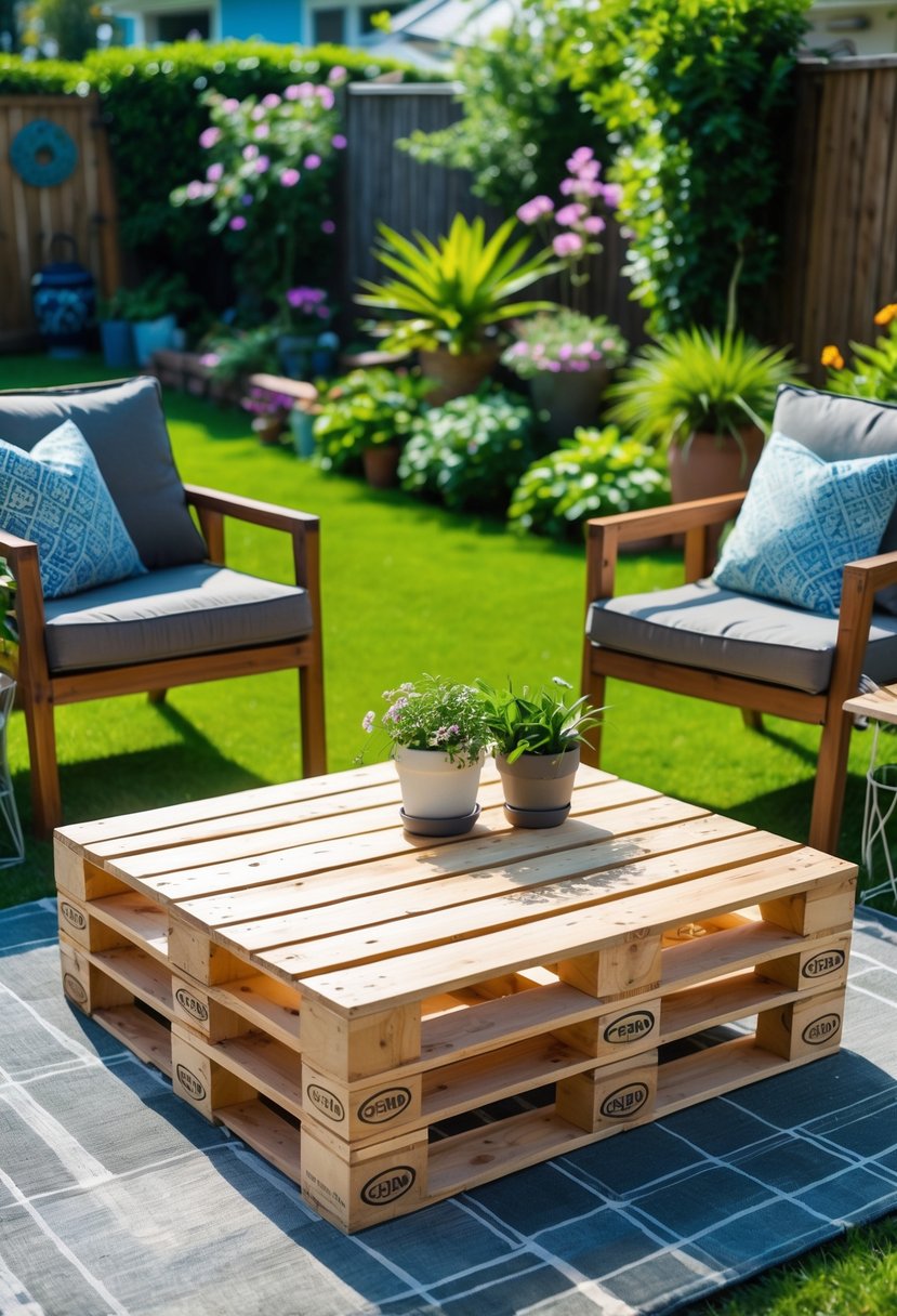 A wooden pallet coffee table set in a backyard with outdoor chairs, plants, and greenery around it.
