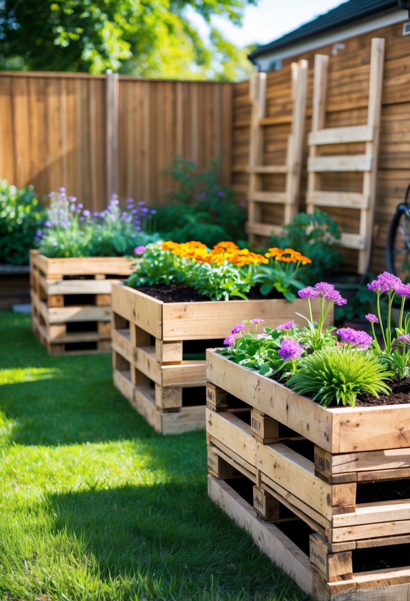 Backyard with several wooden pallet planter boxes filled with colorful flowers and green plants.