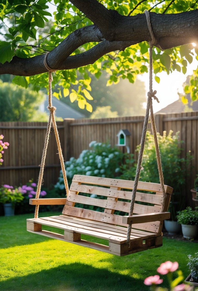 A pallet wood swing hanging from a tree branch in a green backyard with flowers and plants.