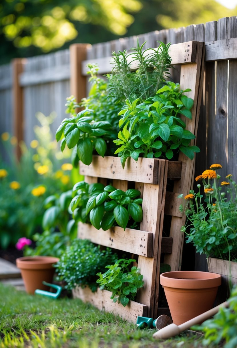 A wooden pallet used as a vertical herb garden filled with various green herbs in a sunny backyard setting.