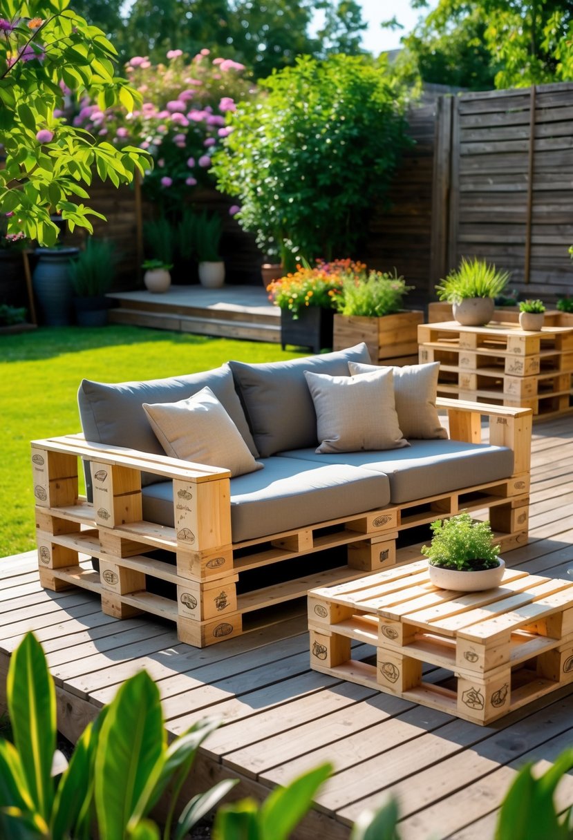 An outdoor wooden pallet sofa with cushions in a backyard surrounded by plants and a small wooden table.