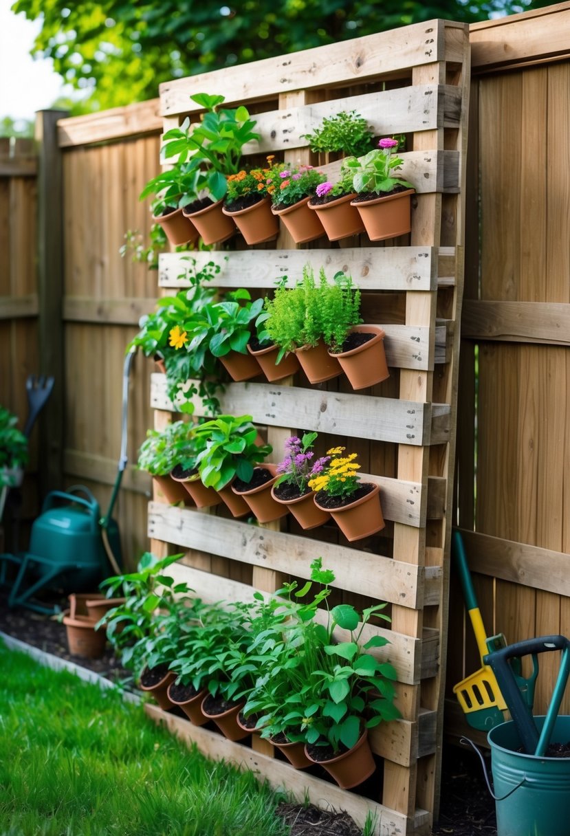 Vertical garden made from a wooden pallet with various plants and flowers in a backyard.
