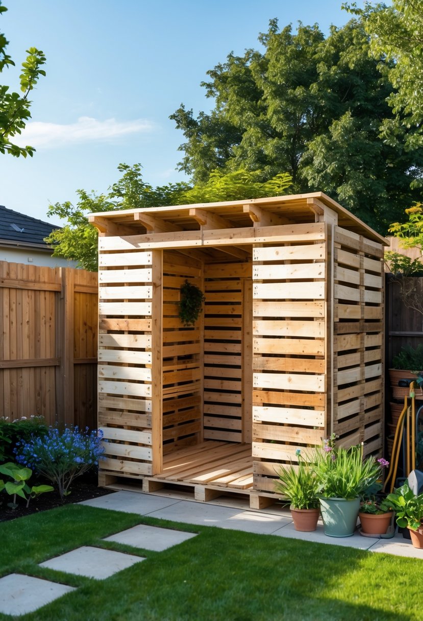 A backyard with a wooden pallet storage shed surrounded by grass, plants, and garden tools.