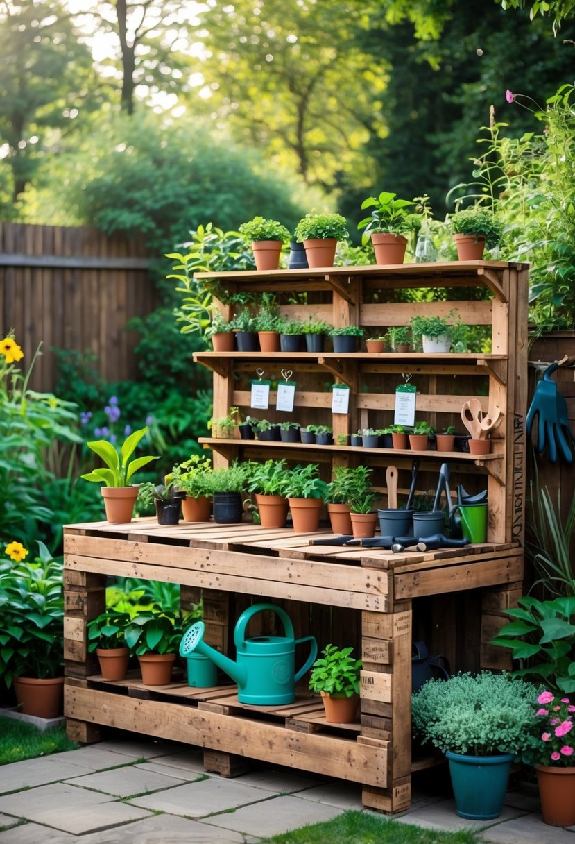 A pallet wood potting bench in a backyard garden with gardening tools, potted plants, and flowers around it.