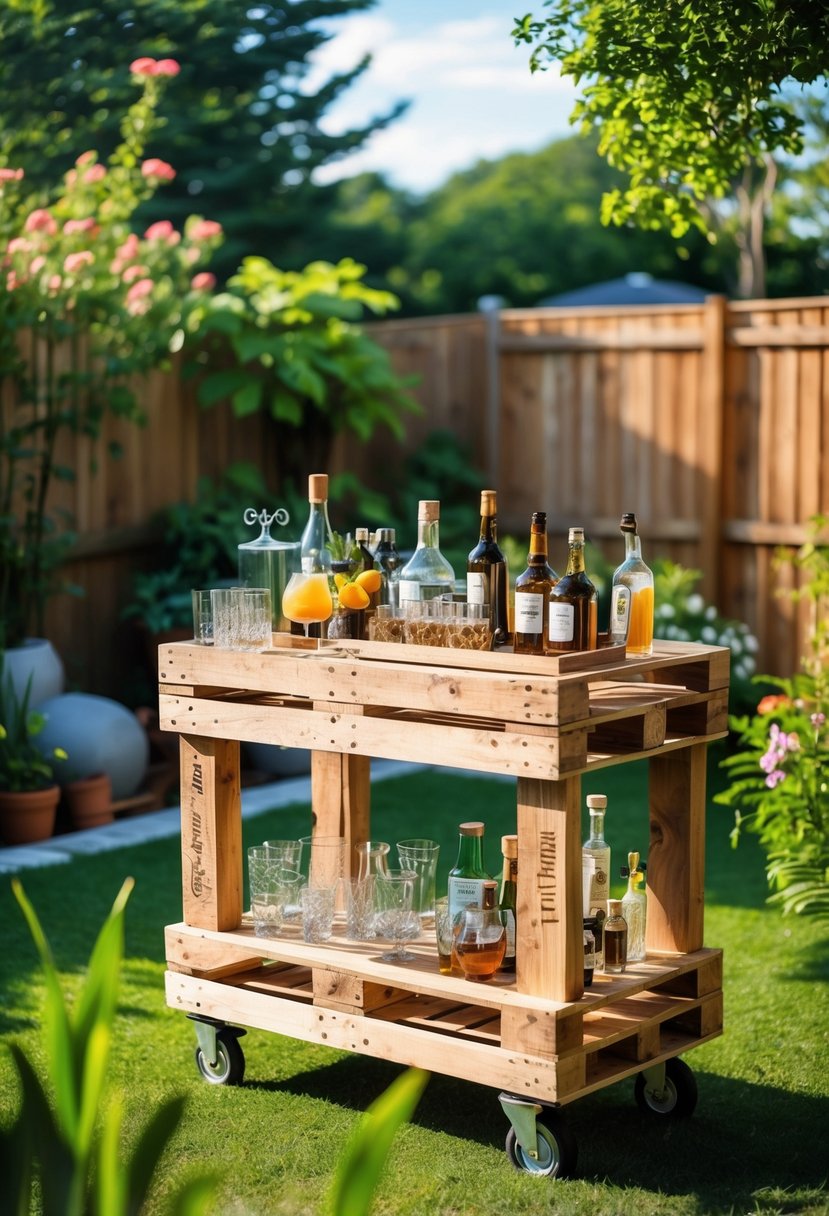 A wooden pallet bar cart with bottles and glassware in a sunny backyard garden.