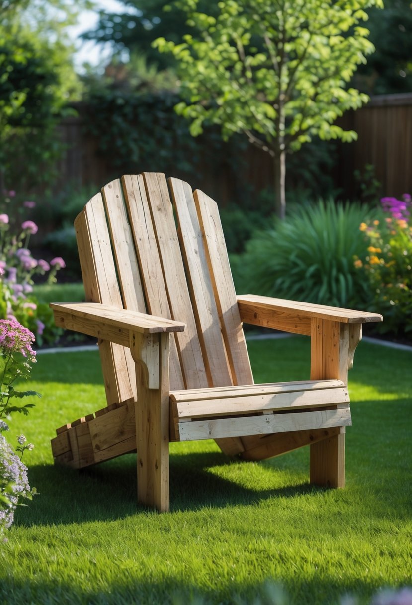 An Adirondack chair made of pallet wood sits in a green backyard garden with flowers and trees around it.