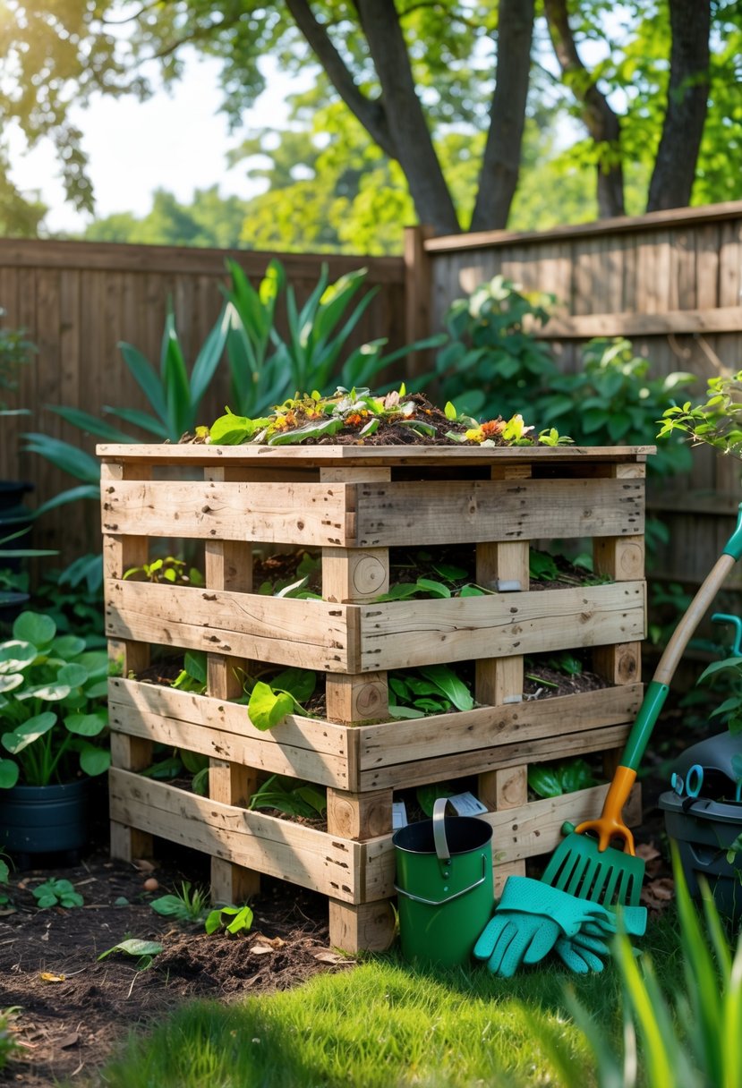 A wooden pallet compost bin in a green backyard garden with plants and garden tools nearby.
