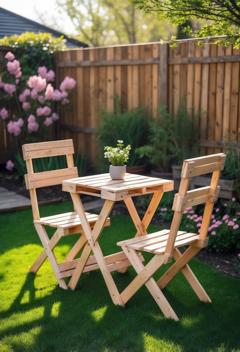 A small wooden pallet bistro table and two chairs set in a sunny backyard with grass and plants.