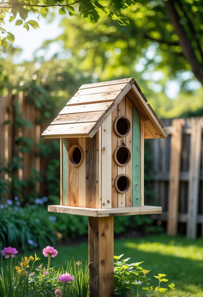 A rustic birdhouse made from pallet wood mounted on a post in a green backyard with flowers and shrubs.