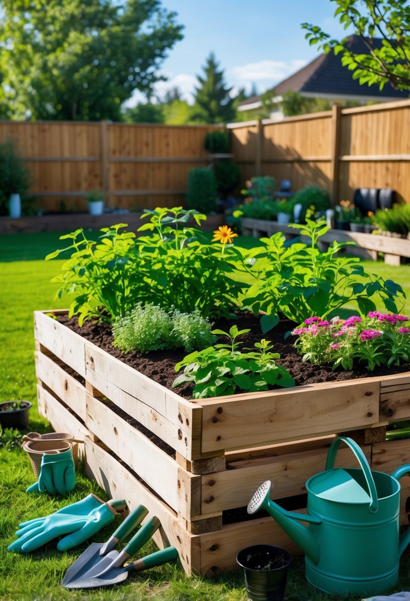 A raised garden bed made from pallet wood filled with plants and flowers in a backyard with gardening tools nearby.
