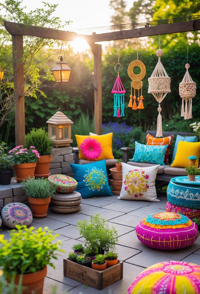 A bright outdoor patio decorated with various handmade crafts including painted pots, hanging lanterns, wind chimes, and plants.