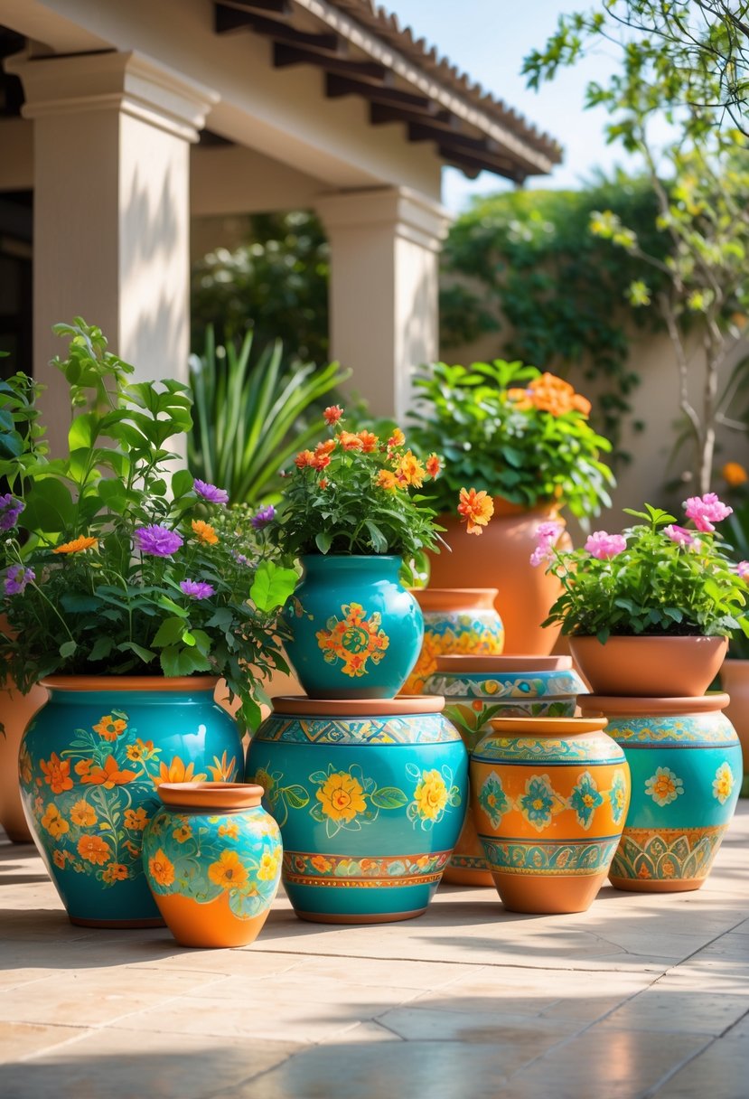 A collection of colorful hand-painted terra cotta pots with plants arranged on a sunny outdoor patio.