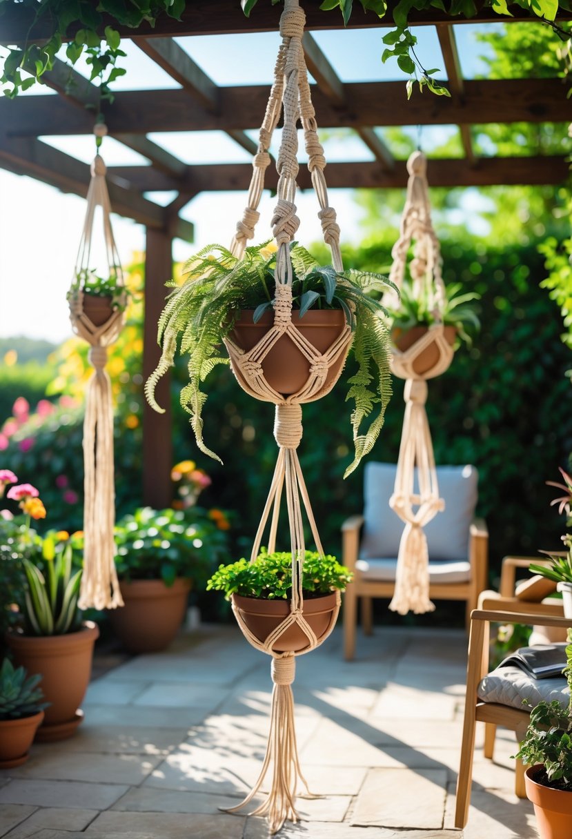Outdoor patio with macramé plant hangers holding green plants hanging from a wooden pergola surrounded by garden greenery.