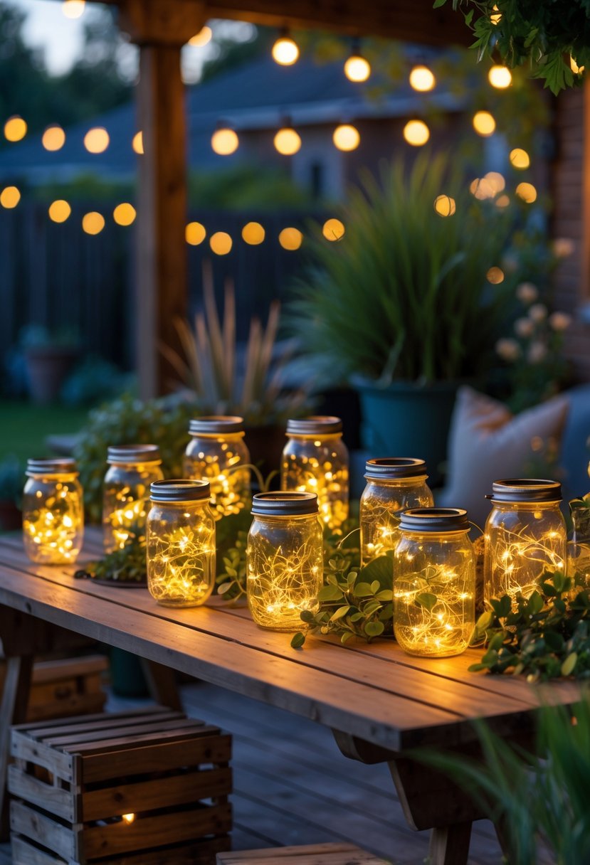 Glowing solar mason jar lanterns arranged on a wooden patio table with plants and outdoor decor in a backyard setting at dusk.