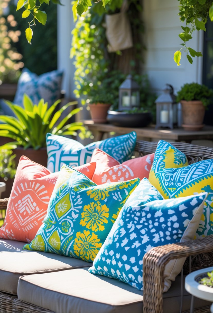 Outdoor patio with colorful stenciled throw pillows arranged on a bench surrounded by plants and outdoor decor.