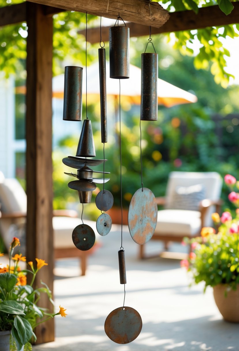 Wind chimes made from recycled metal hanging outdoors on a sunny patio surrounded by plants and flowers.