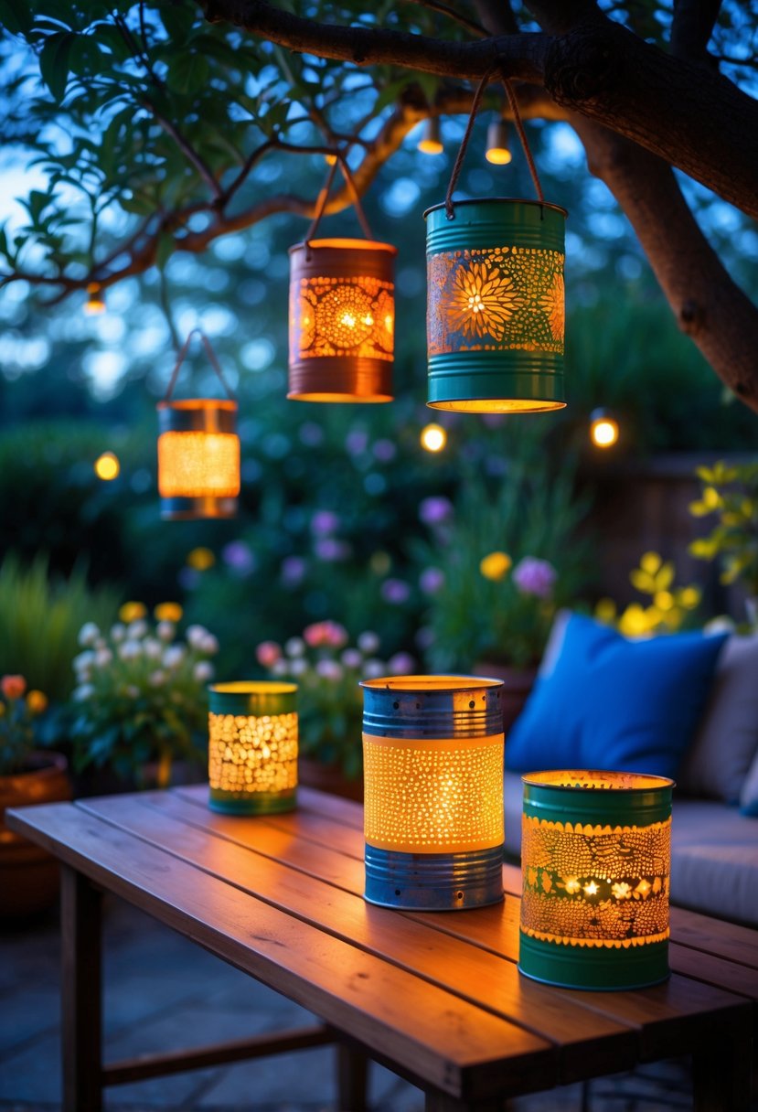 Outdoor patio with glowing upcycled tin can lanterns hanging from trees and placed on a table, surrounded by plants and outdoor furniture.