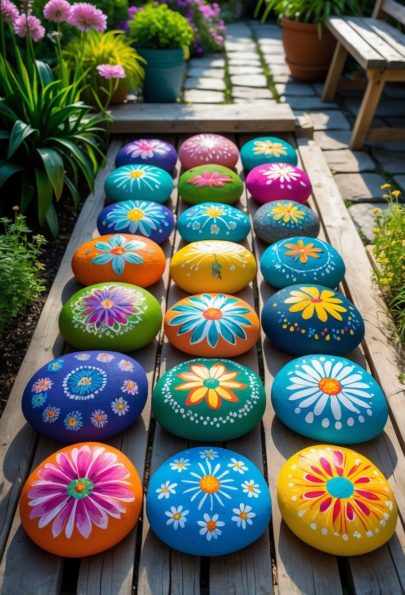 Sixteen painted garden rocks arranged on a wooden patio surrounded by plants and flowers.