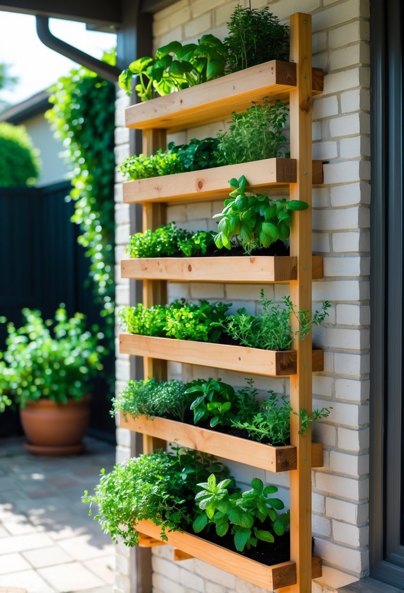 A wooden hanging wall frame filled with various green herbs on a patio wall with outdoor plants around.