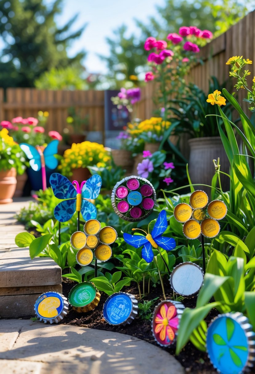 Colorful bottle cap garden art decorations displayed among plants on a sunny outdoor patio.