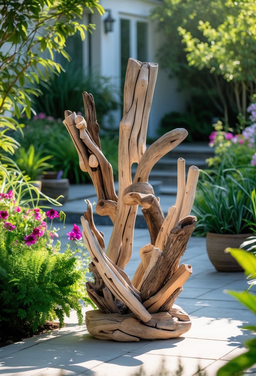 A driftwood garden sculpture displayed outdoors on a patio surrounded by plants and flowers.