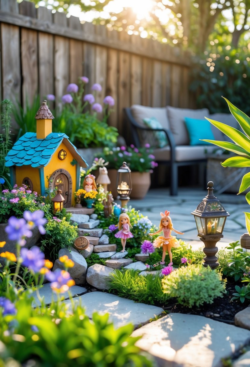 A colorful outdoor patio decorated with miniature fairy houses, lanterns, flower pots, and fairy figurines surrounded by plants and flowers.