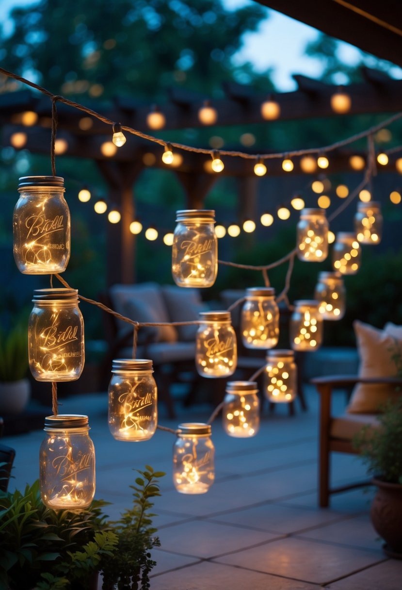 Sixteen mason jars hanging outdoors with string lights, illuminating a patio with furniture and plants at dusk.