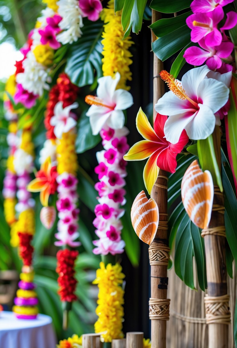 Colorful tropical flower garlands decorated with hibiscus and plumeria flowers hanging outdoors with greenery in the background, set up for a birthday party.