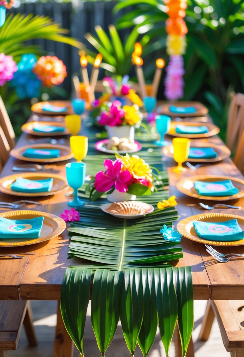 A birthday party table decorated with green palm leaf runners and tropical-themed decorations including flowers and seashells outdoors.