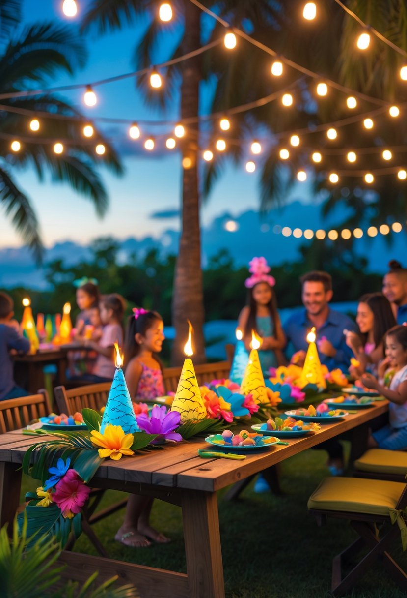 Outdoor birthday party decorated with tiki torch LED string lights, tropical decorations, and people celebrating in a garden setting at dusk.