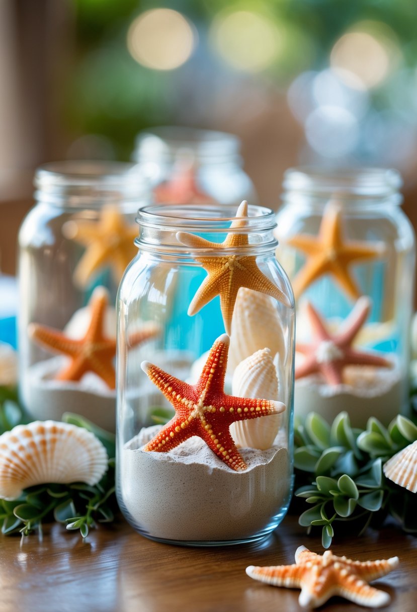A table with glass jars filled with sand, decorated with seashells and starfish as a birthday party centerpiece.