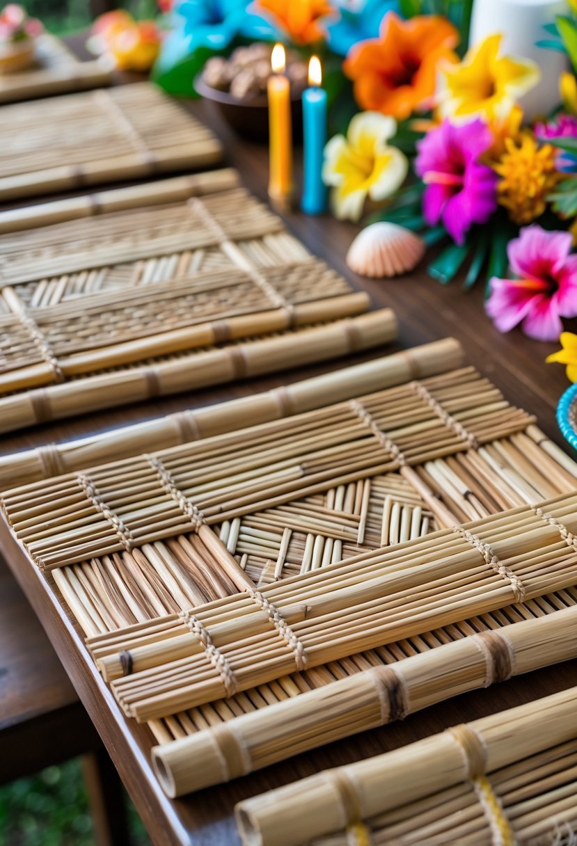 A wooden table set with bamboo placemats decorated with tropical flowers, seashells, and candles for a birthday party.