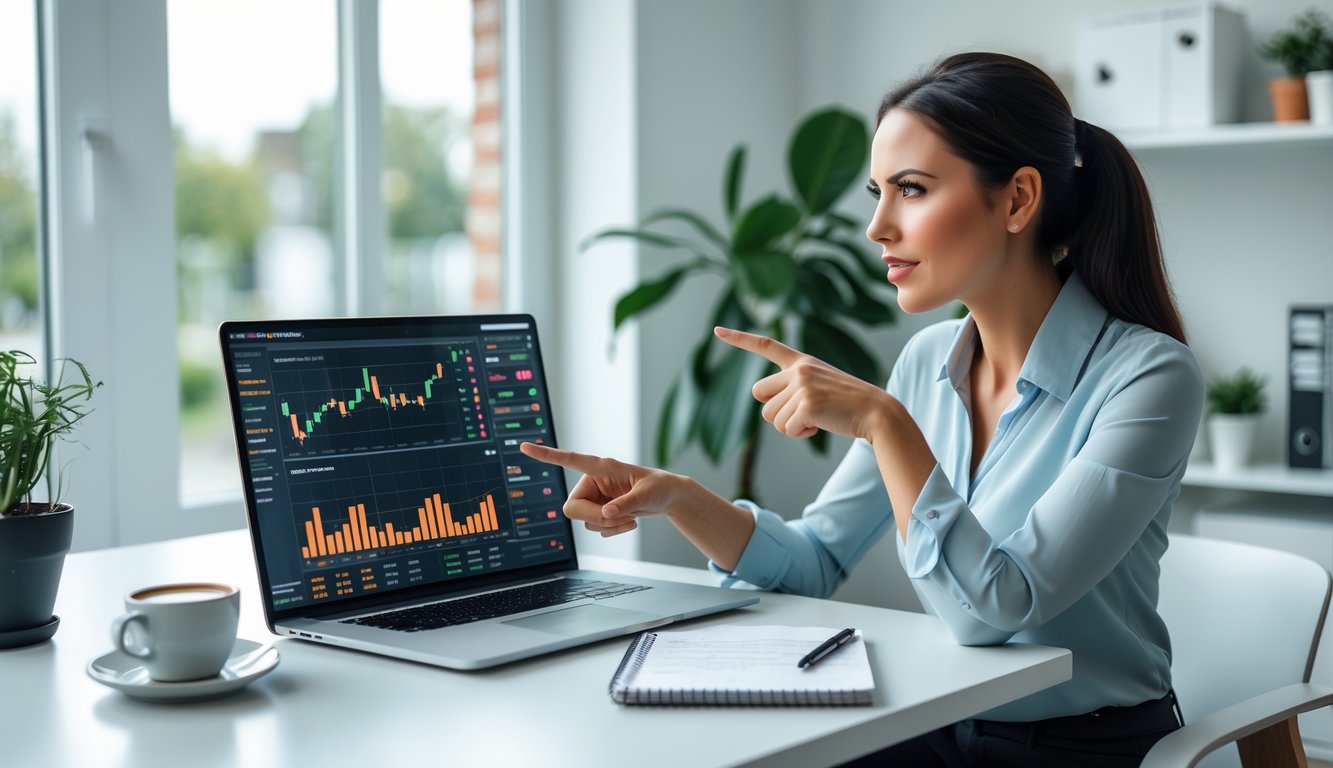 Seorang wanita muda duduk di meja dengan laptop terbuka, menganalisis statistik taruhan olahraga di ruang kerja yang terang dan rapi.