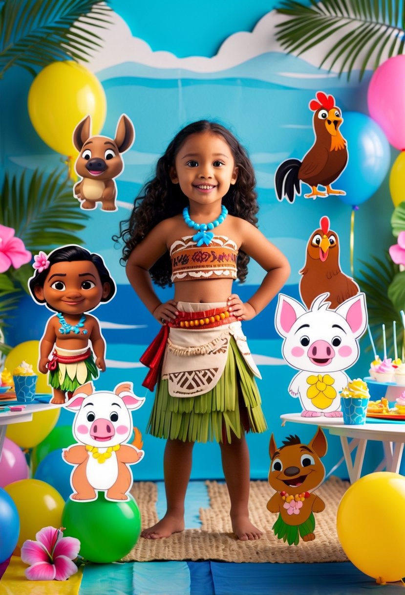 A colorful birthday party setup with custom Moana character cutouts and tropical decorations.