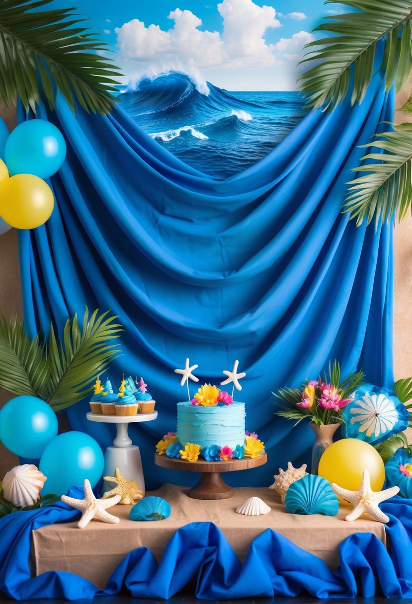 Ocean wave backdrop with blue fabric and tropical birthday party decorations including seashells, palm leaves, and colorful flowers.