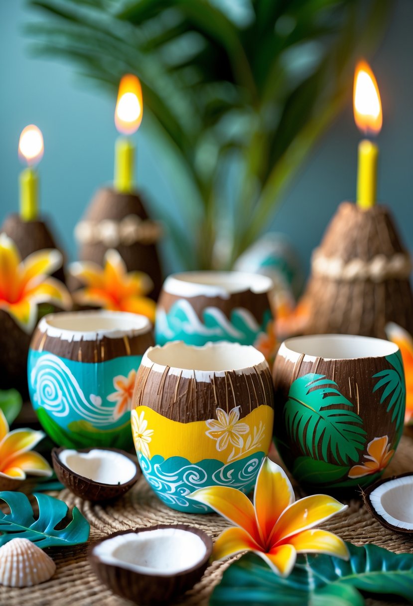 A collection of colorful hand-painted coconut cups decorated with tropical designs on a festive table surrounded by flowers and seashells.