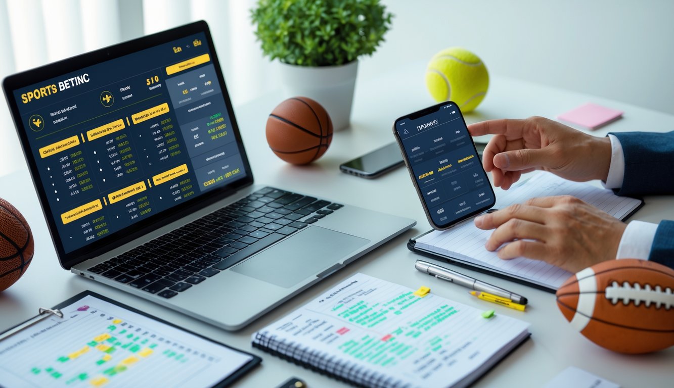 Orang yang sedang menggunakan laptop dan ponsel di meja dengan bola olahraga, menunjukkan aktivitas taruhan olahraga.