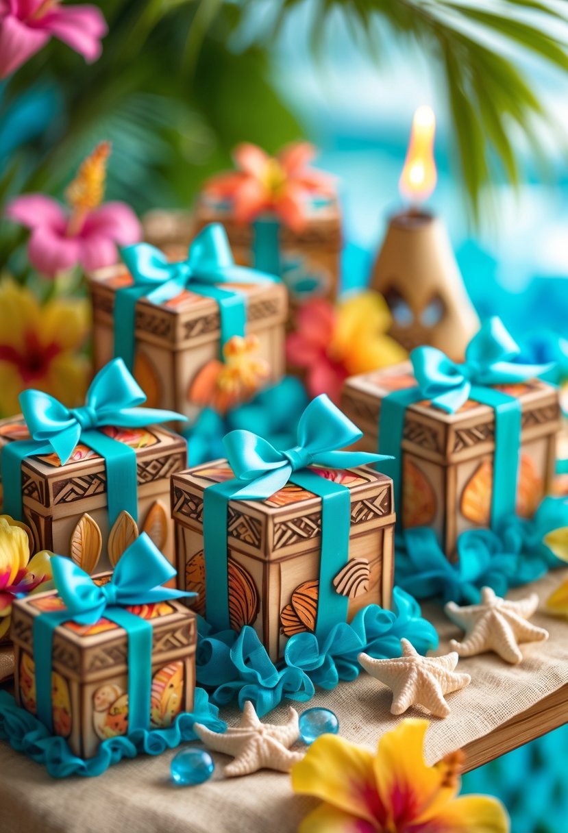 A collection of decorated treasure chest gift boxes arranged on a table with tropical flowers and Moana-themed party decorations.