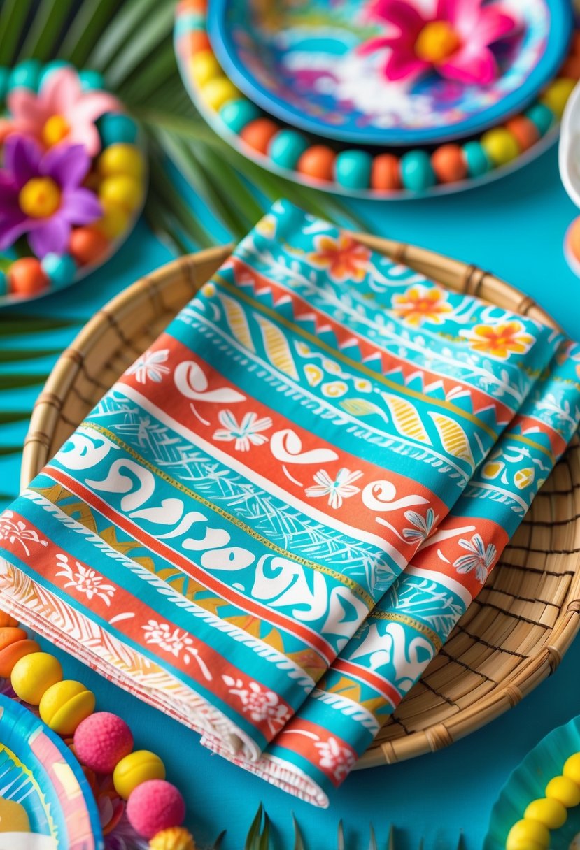 A set of colorful Polynesian print cloth napkins arranged on a decorated birthday party table with tropical flowers and themed tableware.