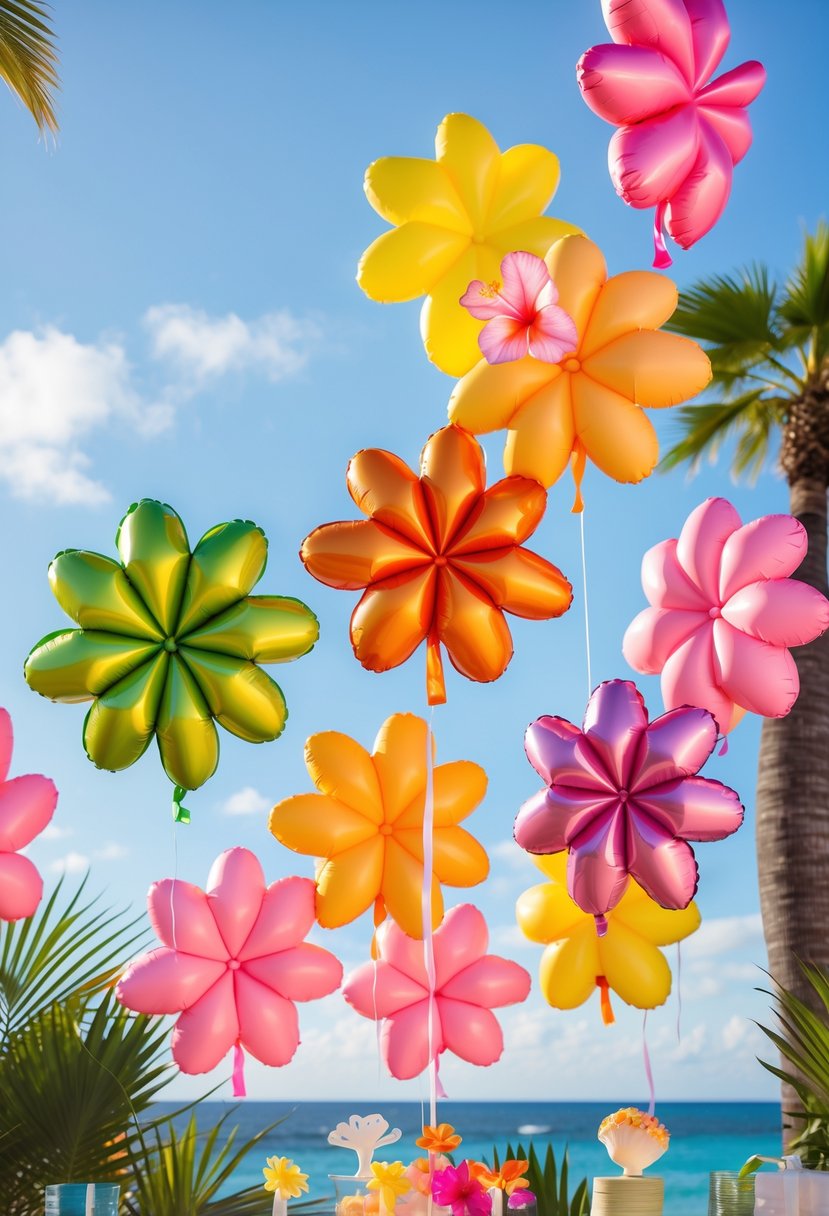 Floating colorful flower-shaped balloons with tropical party decorations in a bright outdoor setting.