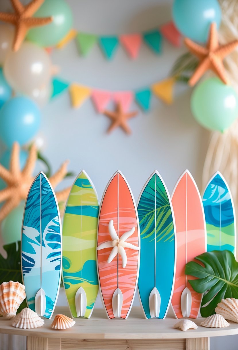 Miniature colorful surfboards arranged on a wooden table with seashells, starfish, and tropical flowers around them.