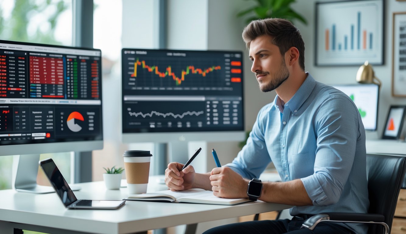 Seorang pria muda duduk di meja modern dengan beberapa layar menampilkan data taruhan olahraga, sedang menganalisis dengan catatan di depan.