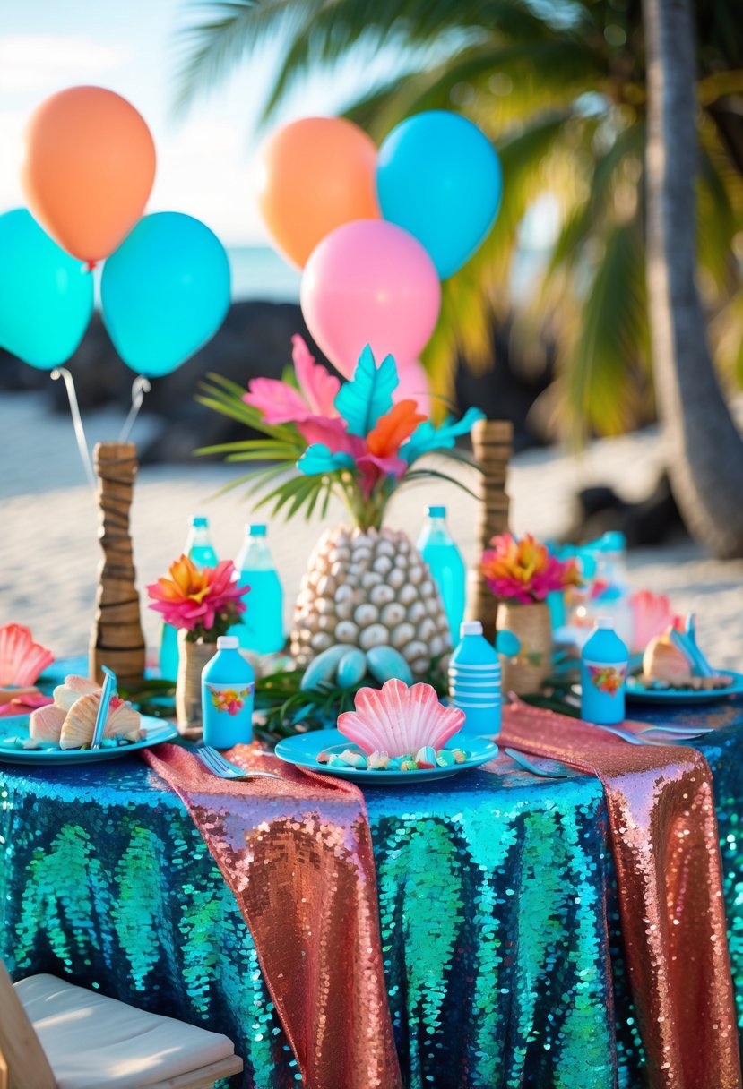 A birthday party table decorated with a sparkling sequin tablecloth and tropical Moana-themed decorations including seashells, palm leaves, and colorful balloons.