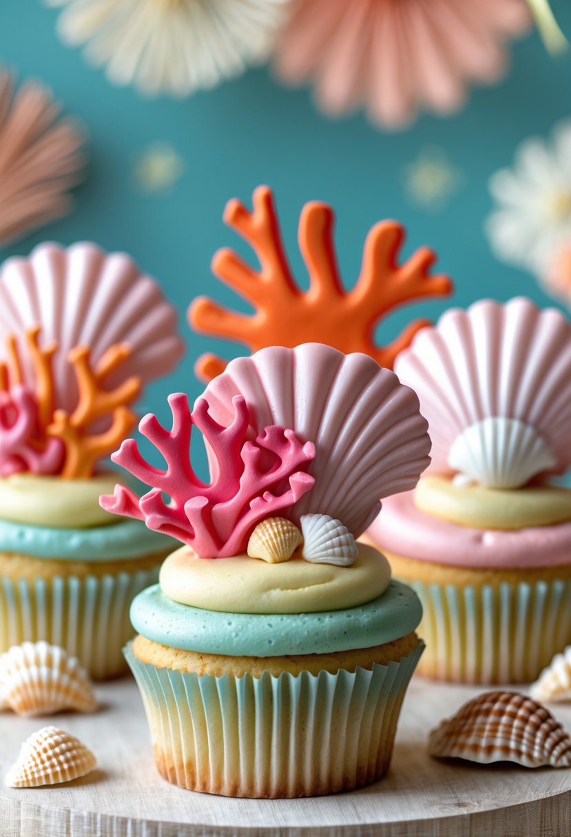 Close-up of cupcakes decorated with coral and seashell toppers arranged on a table for a birthday party.