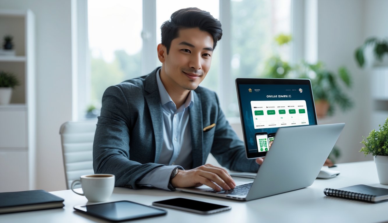 Seseorang duduk di meja dengan laptop, fokus menggunakan situs judi online terpercaya.